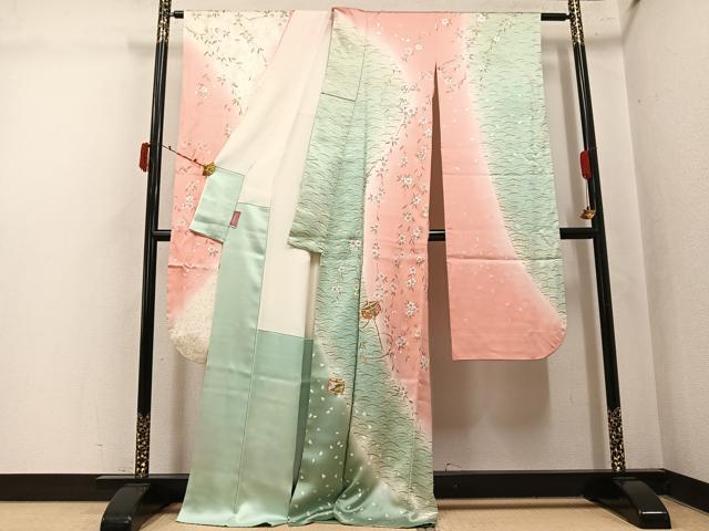 平和屋着物●豪華振袖 駒刺繍 糸巻枝垂れ桜文 暈し染め 金銀彩 正絹 逸品 AABK4437ph