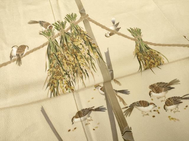 平和屋着物●友禅作家 茂野大生 訪問着 雀 すずめ 鬼しぼ縮緬 正絹 逸品 AABK4463ck