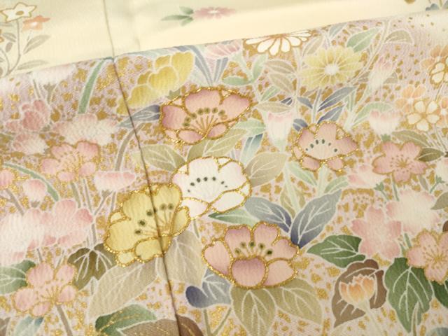 平和屋着物●訪問着 駒刺繍 草花文 丹後ちりめん 反端付き 正絹 逸品 AABK4482ck