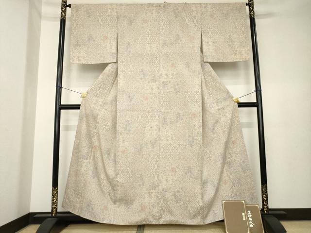 平和屋着物●本場結城紬 重要無形文化財 100亀甲 モロ入り 寄せ柄 狩猟文 奥順謹製 認定証付き 正絹 逸品 AABK4484ck
