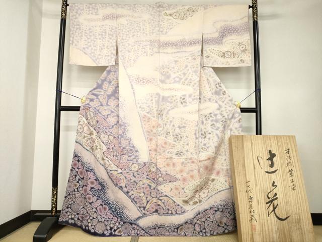 平和屋本店●十七代京屋林蔵 訪問着 本場結城紬地 辻が花 総絞り 共箱付き 正絹 逸品 AABK4488ck