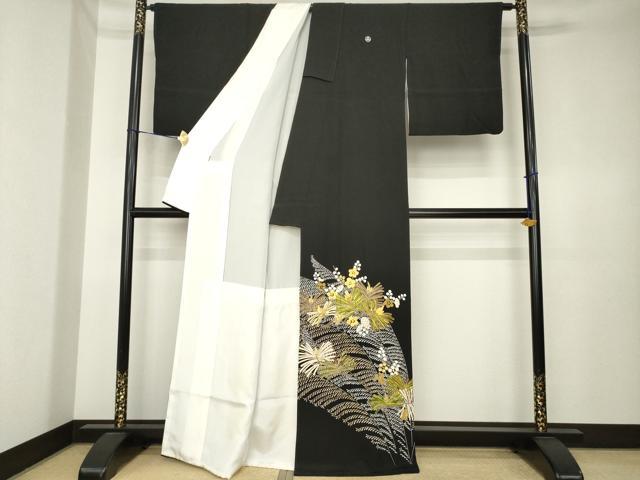 平和屋着物●創業460年・千總 黒留袖 刺繍 松 金糸 正絹 逸品 AABK4496ck
