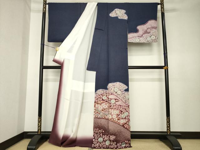 平和屋着物●十七代京屋林蔵 訪問着 長襦袢(無双仕立て)セット 辻が花 絞り 流水花文 銀通し地 正絹 逸品 AABK4500ck