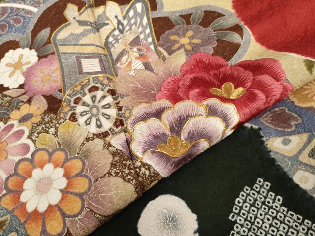 平和屋着物●豪華振袖 絞り 駒刺繍 御所車吉祥草花文 金糸 金銀彩 正絹 逸品 AABK4553cs