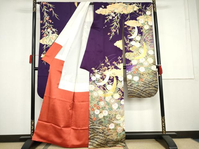 平和屋着物●豪華振袖 駒刺繍 飛鶴草花文 暈し染め 金銀彩 正絹 逸品 AABK4556cs