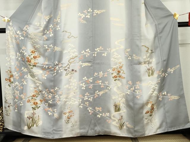平和屋着物●訪問着 駒刺繍 流水草花文 暈し染め 金彩 正絹 逸品 AABK4560cs