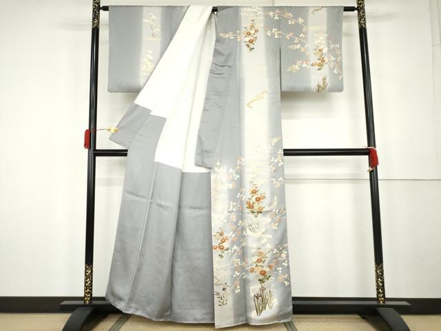 平和屋着物●訪問着 駒刺繍 流水草花文 暈し染め 金彩 正絹 逸品 AABK4560cs