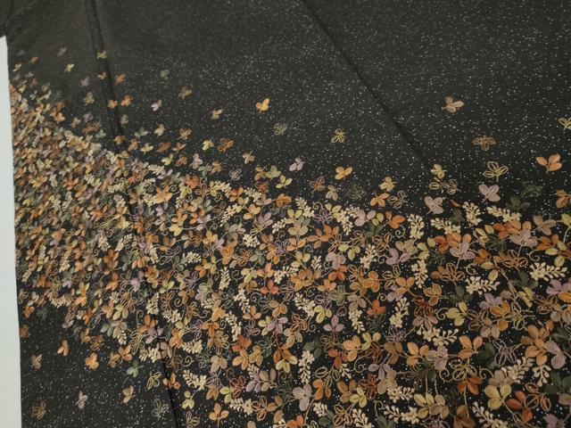 平和屋着物●本場大島紬 染大島 訪問着 総刺繍 舞葉文 黒地 銀彩 金糸 ますいわ屋扱い 正絹 逸品 AABK4594cs