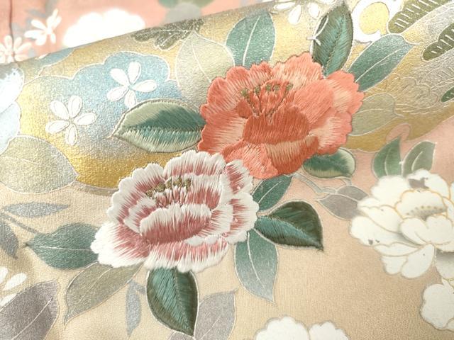 平和屋着物●訪問着 刺繍 雪輪枝花文 暈し染め 金糸 金銀彩 正絹 逸品 AABK4596cs
