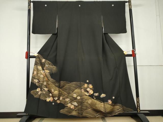 平和屋着物▼豪華黒留袖 駒刺繍 宝尽くし 金彩 正絹 逸品 AABK4606cs