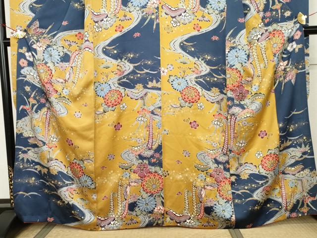 平和屋着物●豪華振袖 型染め 花蝶文 金彩 正絹 逸品 AABK4630cs