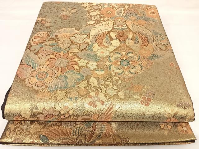 平和屋着物◎六通柄袋帯 向かい鳥花文 金糸 正絹 逸品 AABK4641yx