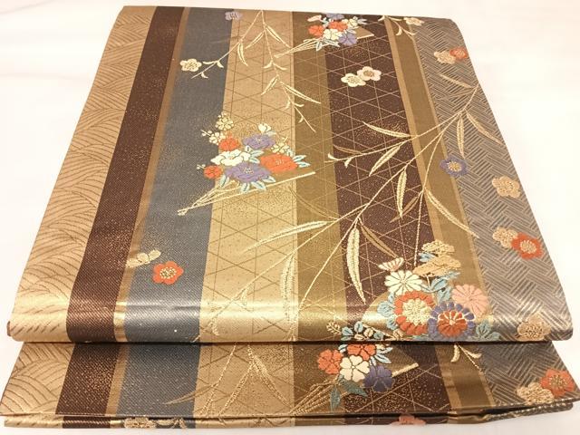 平和屋着物◎六通柄袋帯 唐織 扇面花文 金糸 正絹 逸品 AABK4648yx