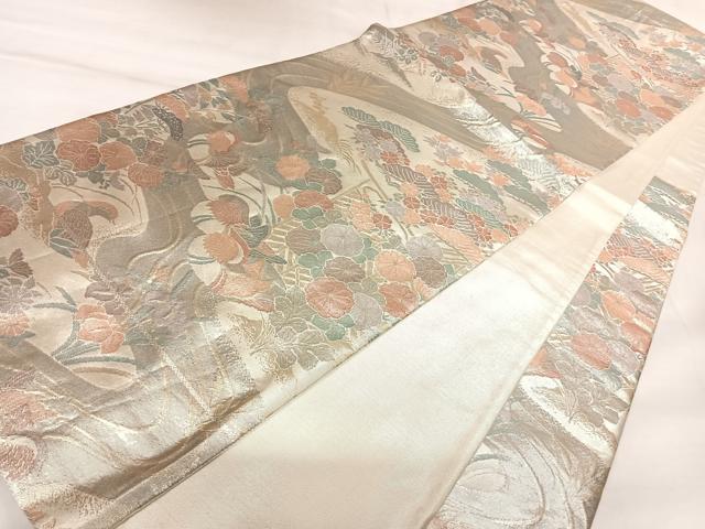平和屋着物◎六通柄袋帯 流水鴛鴦花文 プラチナ箔 正絹 逸品 AABK4654yx