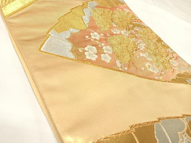 平和屋着物◎六通柄袋帯 唐織 扇面梅松文 金銀糸 正絹 逸品 AABK4674yx
