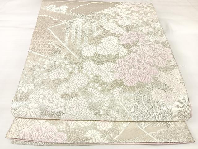 平和屋着物◎六通柄袋帯 唐織 吉祥流水花調文 銀糸 正絹 逸品 AABK4680yx