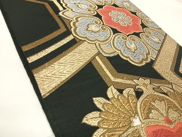 平和屋着物◎六通柄袋帯 唐織 正倉院花文 黒地 金銀糸 正絹 逸品 AABK4722yx
