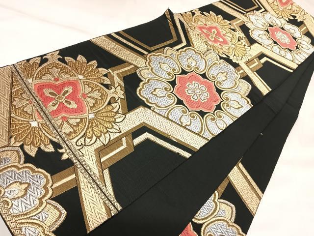 平和屋着物◎六通柄袋帯 唐織 正倉院花文 黒地 金銀糸 正絹 逸品 AABK4722yx
