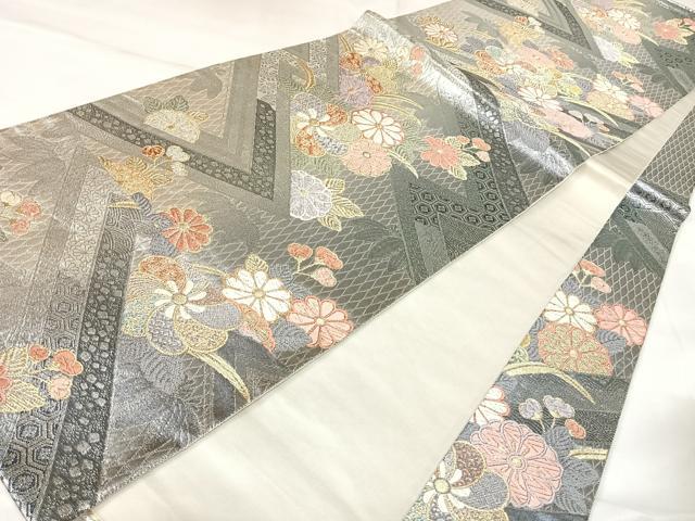 平和屋着物◎六通柄袋帯 唐織 草花文 金銀糸 正絹 逸品 AABK4723yx