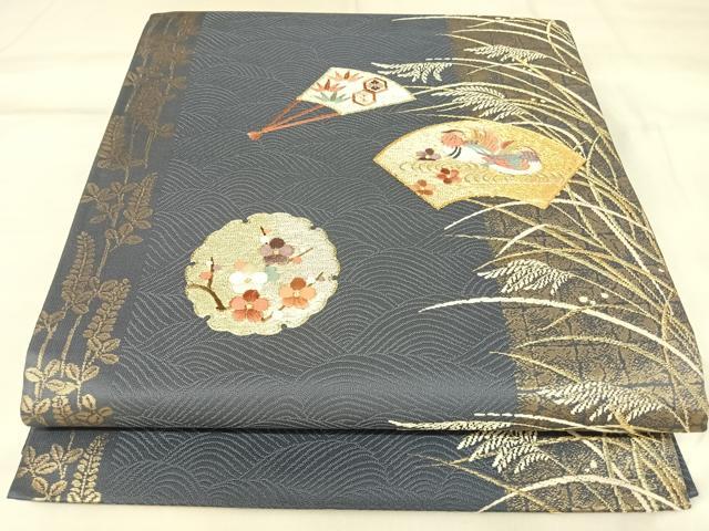 平和屋着物◎太鼓柄袋帯 刺繍 地紙鴛鴦花文 金銀糸 正絹 逸品 AABK4726yx