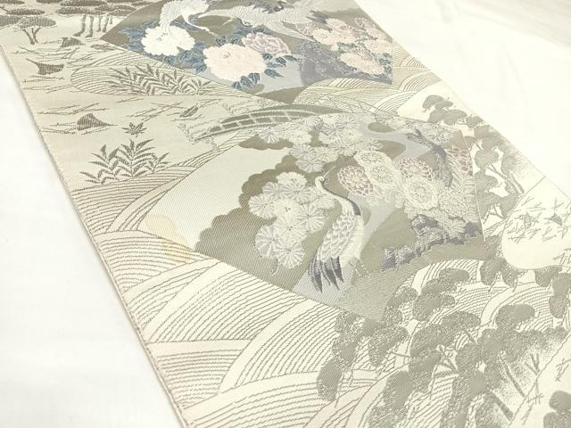 平和屋着物◎六通柄袋帯 唐織 扇面花鳥文 九百錦プラチナ箔 正絹 逸品 AABK4747yx
