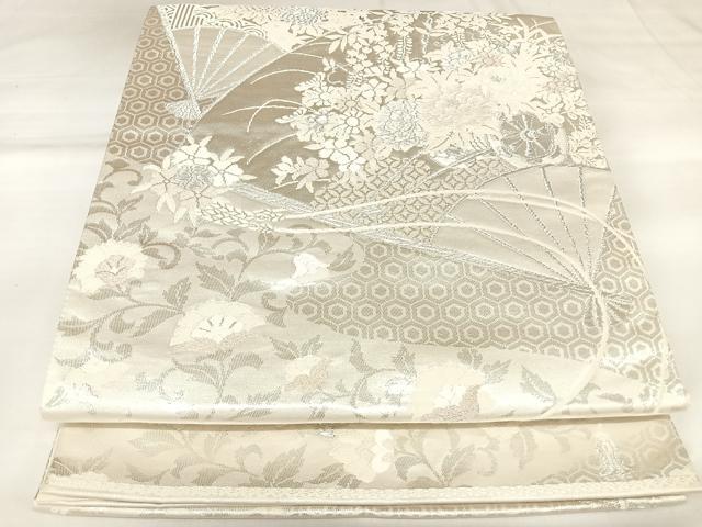 平和屋着物◎六通柄袋帯 唐織 扇面花文 美保姿 銀糸 正絹 逸品 AABK4759yx