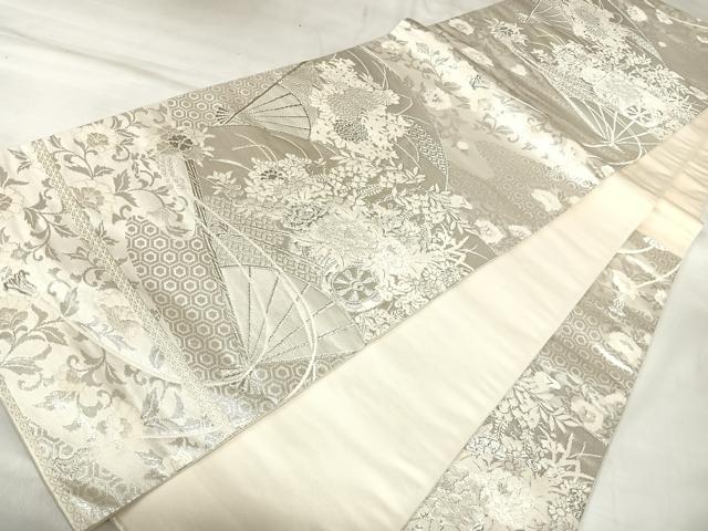 平和屋着物◎六通柄袋帯 唐織 扇面花文 美保姿 銀糸 正絹 逸品 AABK4759yx