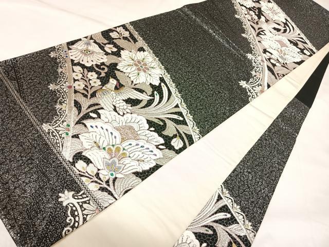 平和屋着物◎太鼓柄袋帯 花鳥文 黒地 金銀糸 正絹 逸品 AABK4770yx