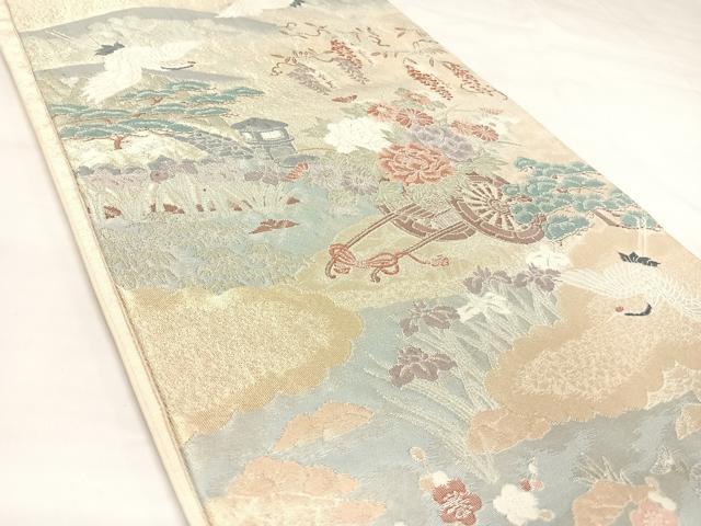 平和屋着物◎六通柄袋帯 唐織 飛鶴花車文 金銀糸 正絹 逸品 AABK4786yx