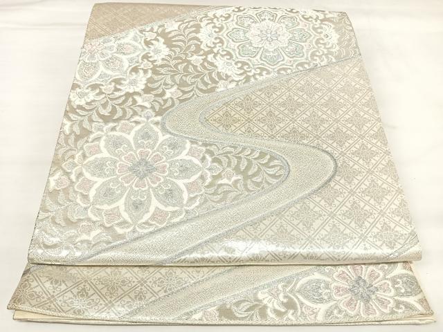 平和屋着物◎六通柄袋帯 流水唐花華文 銀糸 正絹 逸品 AABK4791yx