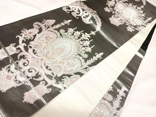 平和屋着物◎六通柄袋帯 唐織 洋花文 黒地 金銀糸 正絹 逸品 AABK4806yx
