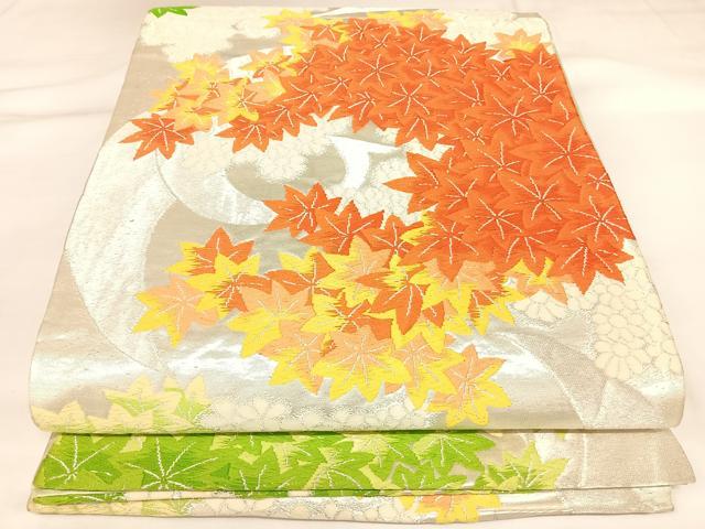 平和屋着物◎六通柄袋帯 唐織 楓 銀糸 正絹 逸品 AABK4807yx