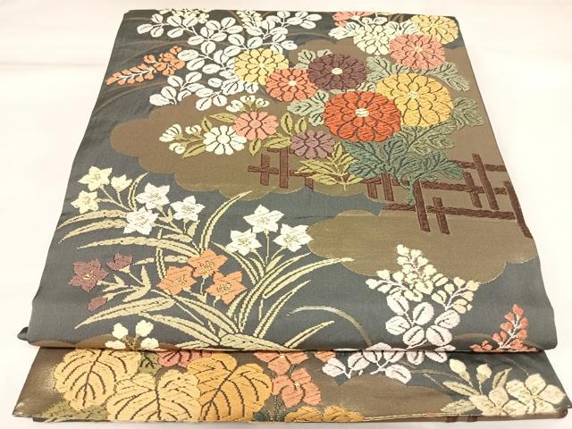 平和屋着物◎六通柄袋帯 唐織 草花文 金糸 正絹 逸品 AABK4816yx