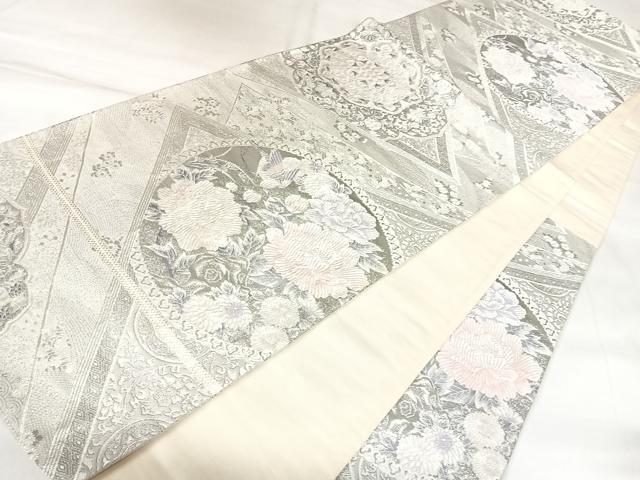 平和屋着物◎六通柄袋帯 唐織 花鳥丸文 銀糸 正絹 逸品 AABK4844yx