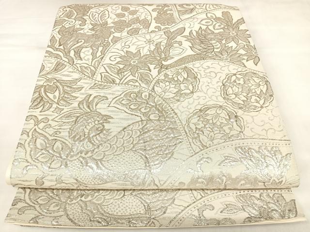 平和屋着物◎六通柄袋帯 更紗花文 銀糸 正絹 逸品 AABK4857yx