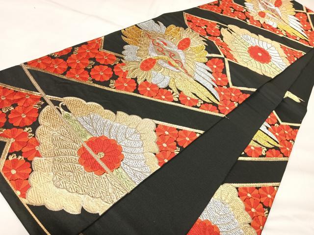 平和屋着物◎六通柄 本袋帯 唐織 向い鳥花文 黒地 金銀糸 正絹 逸品 AABK4858yx