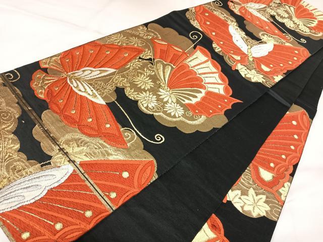平和屋着物◎六通柄袋帯 唐織 花蝶文 黒地 金銀糸 正絹 逸品 AABK4868yx