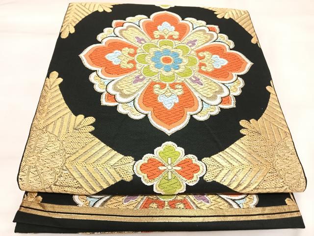 平和屋着物◎六通柄 本袋帯 唐織 舞花文 黒地 金糸 正絹 逸品 AABK4888yx