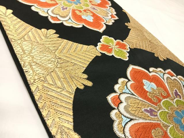 平和屋着物◎六通柄 本袋帯 唐織 舞花文 黒地 金糸 正絹 逸品 AABK4888yx