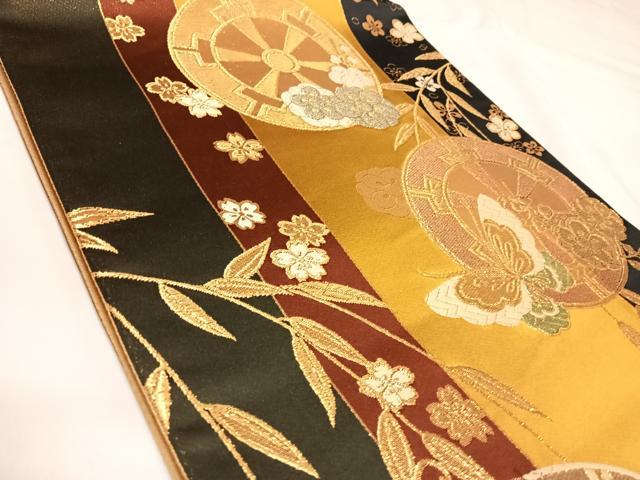 平和屋着物◎六通柄袋帯 唐織 源氏車花蝶文 金糸 正絹 逸品 AABK4890yx