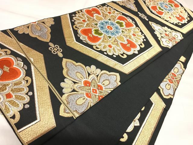 平和屋着物◎六通柄 本京袋帯 唐織 花菱文 黒地 金銀糸 正絹 逸品 AABK4891yx