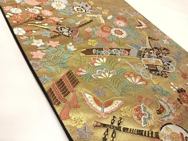 平和屋着物◎太鼓柄袋帯 唐織 楽器花鳥文 金糸 正絹 逸品 AABK4899yx