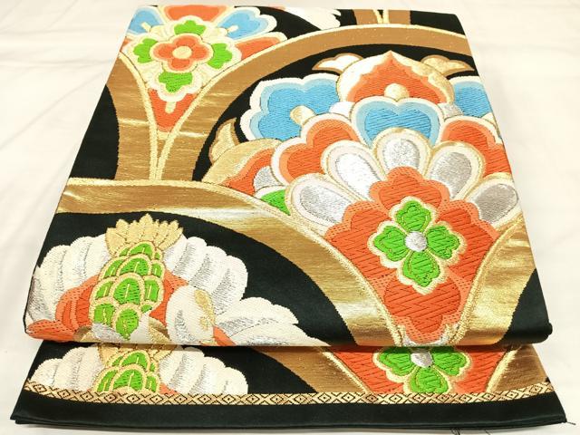 平和屋着物◎六通柄袋帯 唐織 花鳥文 黒地 金銀糸 正絹 逸品 AABK4901yx