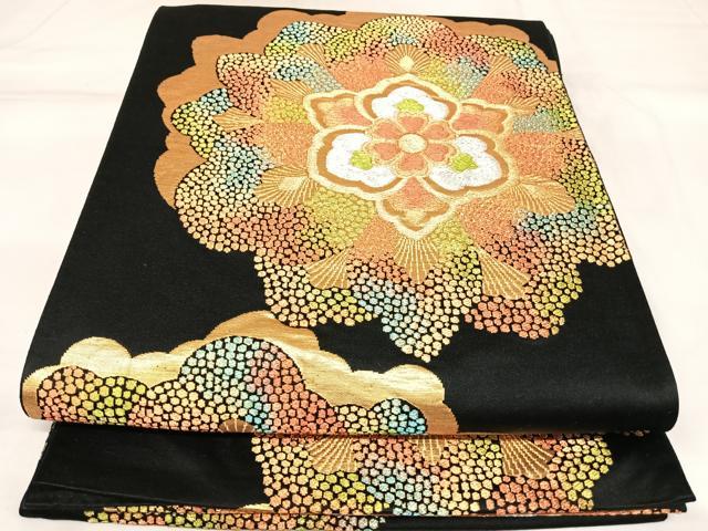 平和屋着物◎六通柄袋帯 舞花文 黒地 金銀糸 正絹 逸品 AABK4904yx