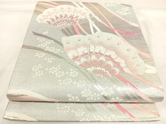 平和屋着物◎両面六通柄袋帯 唐織 花蝶文 銀糸 正絹 逸品 AABK4905yx