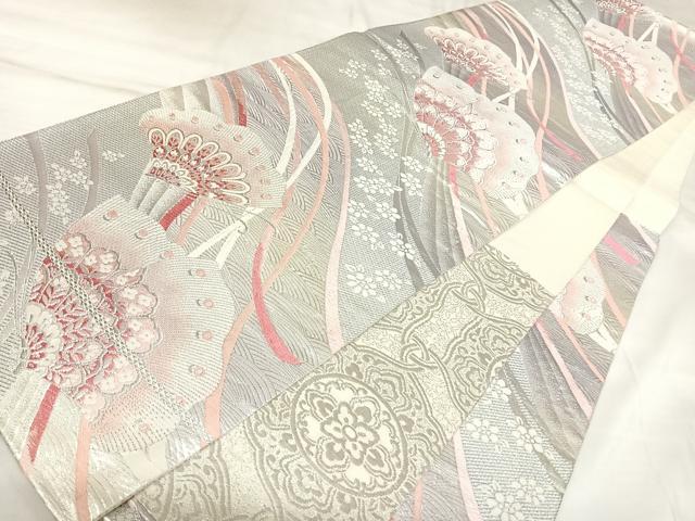 平和屋着物◎両面六通柄袋帯 唐織 花蝶文 銀糸 正絹 逸品 AABK4905yx