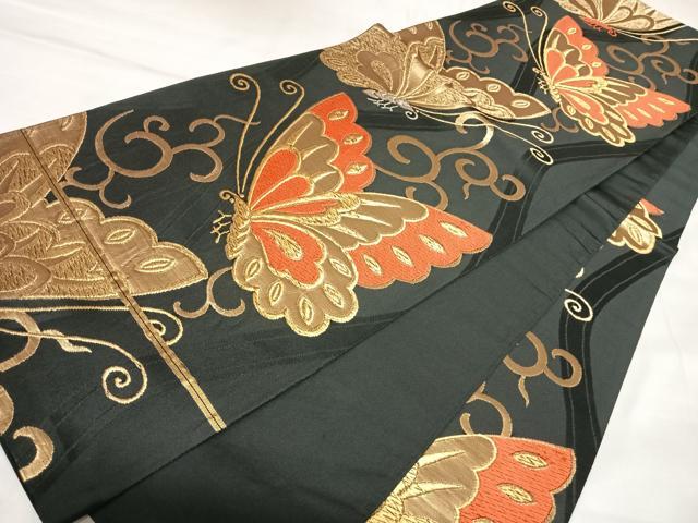 平和屋着物◎六通柄袋帯 唐織 舞蝶文 黒地 金銀糸 正絹 逸品 AABK4906yx