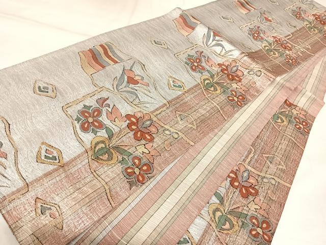 平和屋着物◎六通柄袋帯 草花文 銀糸 正絹 逸品 AABK4908yx