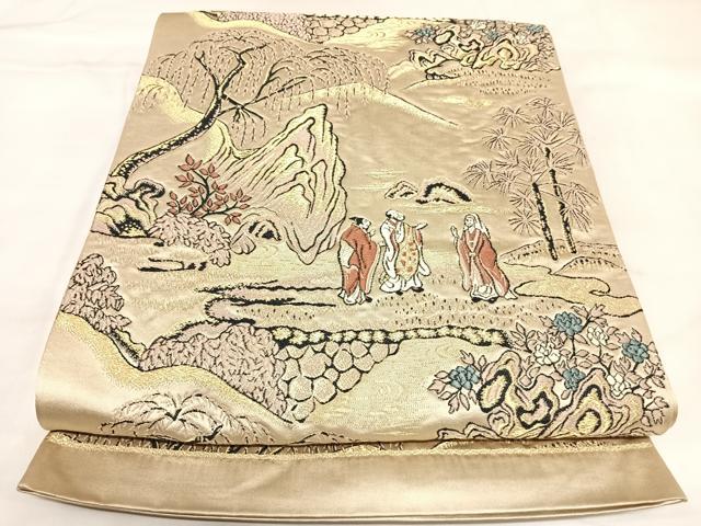 平和屋着物◎六通柄袋帯 人物風景文 金糸 正絹 逸品 AABK4916yx