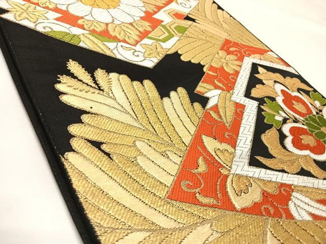 平和屋着物◎六通柄 本袋帯 唐織 東京小町 松皮菱花文 黒地 金糸 正絹 逸品 AABK4932yx